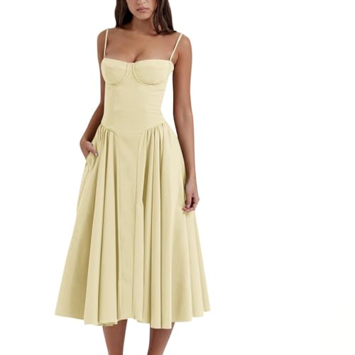 Ärmelloses Korsett Fit Midikleid Spaghettiträger Bustier Midikleid Trendiges A-Linie Kleid mit Tasche, gelb, M von cookx