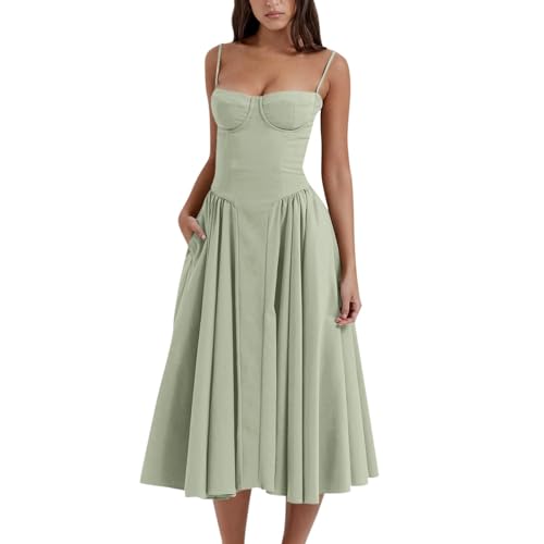 Ärmelloses Korsett Fit Midikleid Spaghettiträger Bustier Midikleid Trendiges A-Linie Kleid mit Tasche, lichtgrün, S von cookx