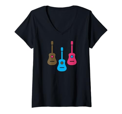 Damen Coole Akustikgitarre Kunstwerk Braun Blau Pink T-Shirt mit V-Ausschnitt Damen Coole Akustikgitarre Kunstwerk Braun Blau Pink T-Shirt mit V-Ausschnitt von cool music designs