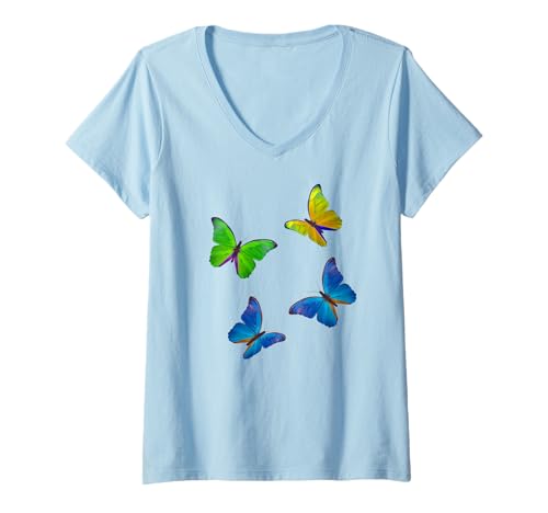 Damen Hübsche Schmetterlinge Gelb Blau Grün T-Shirt mit V-Ausschnitt von cool nature designs