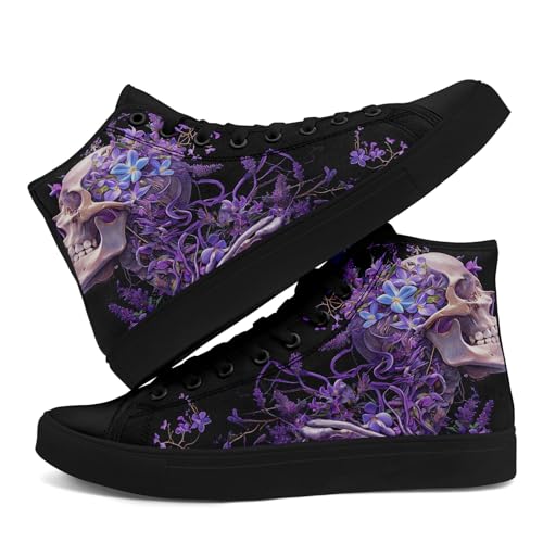 High-Top-Sneaker aus Canvas mit Totenkopf-Blumenmuster, leichte, lässige Goth-Walking-Schuhe für Streetwear-Skate-Reisen von coolcustomize