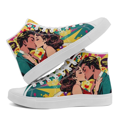 Pop-Art-High-Top-Sneaker aus Canvas für Damen, farbenfrohe Freizeitschuhe für Herren mit grafischem Design, lässige Retro-Streetwear von coolcustomize