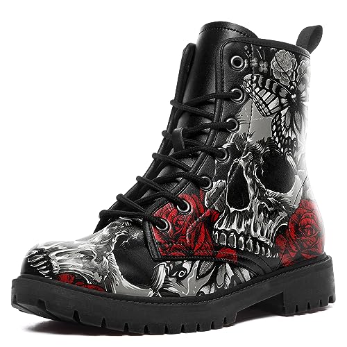 coolcustomize Herren Schwarz Combat Boots Fashion Cool Schnürschuh Totenkopf Rose Ankle Booties Chunky Heel Plateau Veganes Leder Stiefel, Black6, 9.5 Women/8 Men von coolcustomize