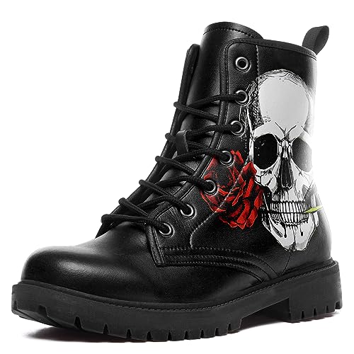 coolcustomize Herren Schwarz Combat Boots Fashion Cool Schnürschuh Totenkopf Rose Ankle Booties Chunky Heel Plateau Veganes Leder Stiefel, Black8, 12.5 Women/11 Men von coolcustomize