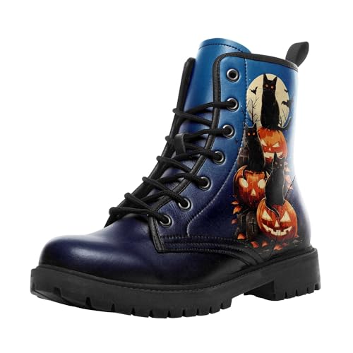 coolcustomize Modische Halloween Damen Combat Stiefel,Bequeme Goth-Plateau-Stiefeletten mit gruseligem Kürbis-Hexen-Print und Schnürung von coolcustomize