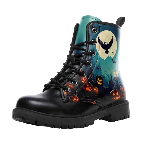 coolcustomize Modische Halloween Damen Combat Stiefel,Bequeme Goth-Plateau-Stiefeletten mit gruseligem Kürbis-Hexen-Print und Schnürung von coolcustomize