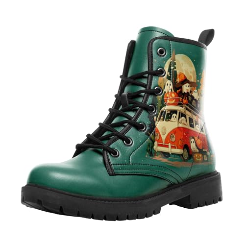 coolcustomize Modische Halloween Damen Combat Stiefel,Bequeme Goth-Plateau-Stiefeletten mit gruseligem Kürbis-Hexen-Print und Schnürung von coolcustomize
