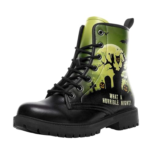 coolcustomize Modische Halloween Damen Combat Stiefel,Bequeme Goth-Plateau-Stiefeletten mit gruseligem Kürbis-Hexen-Print und Schnürung von coolcustomize