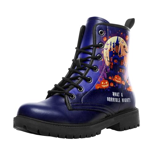 coolcustomize Modische Halloween Damen Combat Stiefel,Bequeme Goth-Plateau-Stiefeletten mit gruseligem Kürbis-Hexen-Print und Schnürung von coolcustomize