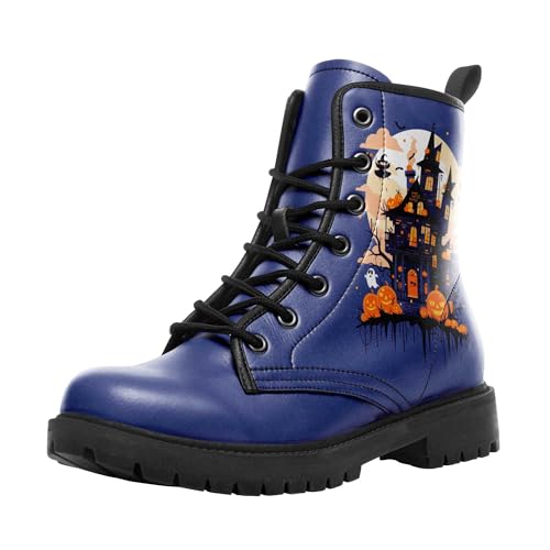 coolcustomize Modische Halloween Damen Combat Stiefel,Bequeme Goth-Plateau-Stiefeletten mit gruseligem Kürbis-Hexen-Print und Schnürung von coolcustomize