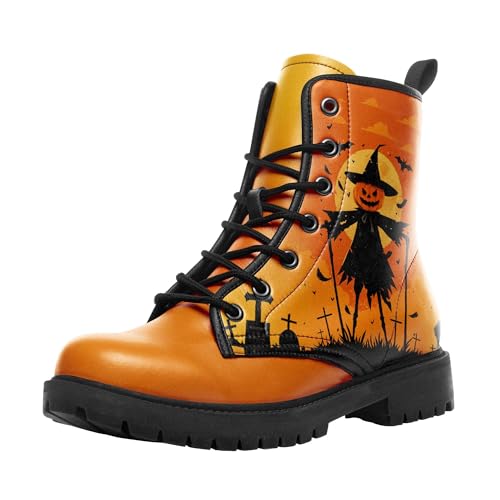 coolcustomize Modische Halloween Damen Combat Stiefel,Bequeme Goth-Plateau-Stiefeletten mit gruseligem Kürbis-Hexen-Print und Schnürung von coolcustomize