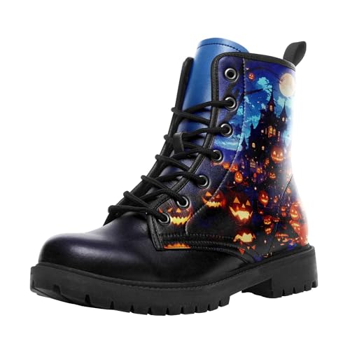 coolcustomize Modische Halloween Damen Combat Stiefel,Bequeme Goth-Plateau-Stiefeletten mit gruseligem Kürbis-Hexen-Print und Schnürung von coolcustomize
