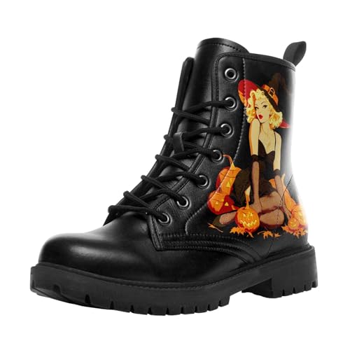coolcustomize Modische Halloween Damen Combat Stiefel,Bequeme Goth-Plateau-Stiefeletten mit gruseligem Kürbis-Hexen-Print und Schnürung von coolcustomize