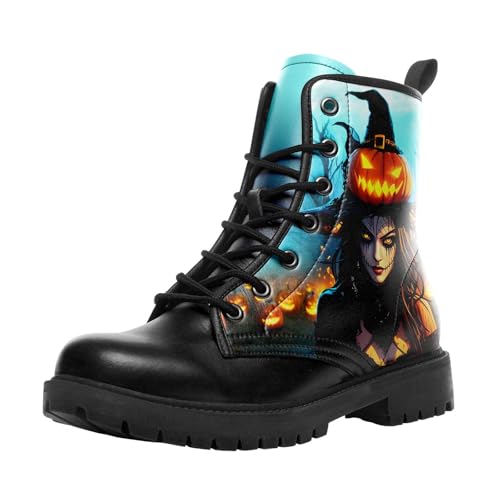 coolcustomize Modische Halloween Damen Combat Stiefel,Bequeme Goth-Plateau-Stiefeletten mit gruseligem Kürbis-Hexen-Print und Schnürung von coolcustomize