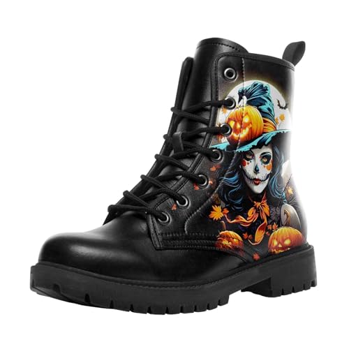 coolcustomize Modische Halloween Damen Combat Stiefel,Bequeme Goth-Plateau-Stiefeletten mit gruseligem Kürbis-Hexen-Print und Schnürung von coolcustomize