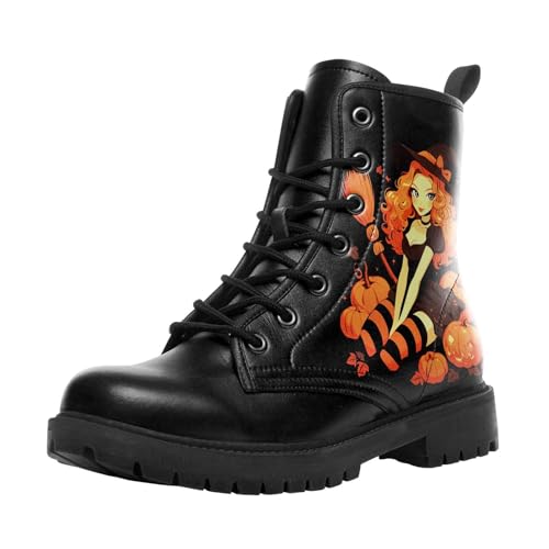 coolcustomize Modische Halloween Damen Combat Stiefel,Bequeme Goth-Plateau-Stiefeletten mit gruseligem Kürbis-Hexen-Print und Schnürung von coolcustomize