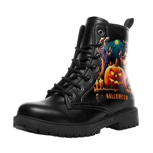 coolcustomize Modische Halloween Damen Combat Stiefel,Bequeme Goth-Plateau-Stiefeletten mit gruseligem Kürbis-Hexen-Print und Schnürung von coolcustomize