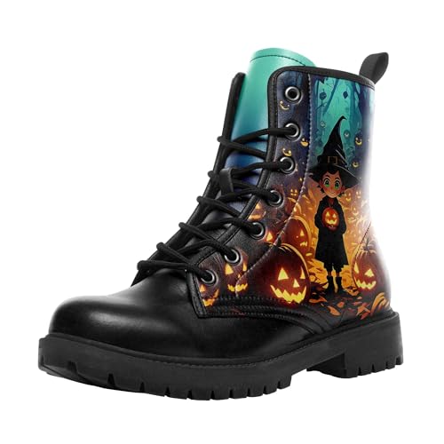 coolcustomize Modische Halloween Damen Combat Stiefel,Bequeme Goth-Plateau-Stiefeletten mit gruseligem Kürbis-Hexen-Print und Schnürung von coolcustomize