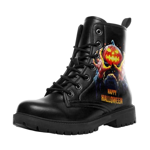 coolcustomize Modische Halloween Damen Combat Stiefel,Bequeme Goth-Plateau-Stiefeletten mit gruseligem Kürbis-Hexen-Print und Schnürung von coolcustomize
