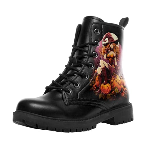 coolcustomize Modische Halloween Damen Combat Stiefel,Bequeme Goth-Plateau-Stiefeletten mit gruseligem Kürbis-Hexen-Print und Schnürung von coolcustomize