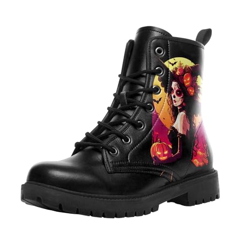 coolcustomize Modische Halloween Damen Combat Stiefel,Bequeme Goth-Plateau-Stiefeletten mit gruseligem Kürbis-Hexen-Print und Schnürung von coolcustomize