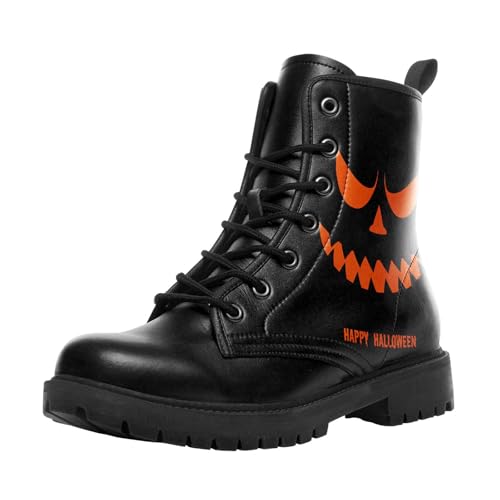 coolcustomize Modische Halloween Damen Combat Stiefel,Bequeme Goth-Plateau-Stiefeletten mit gruseligem Kürbis-Hexen-Print und Schnürung von coolcustomize