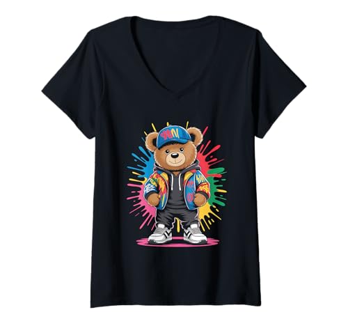 Damen süßer vintage Teddybär in tollen Splash Style Klamotten Kids T-Shirt mit V-Ausschnitt von coole Bären in farbigen Werktags Ouftits
