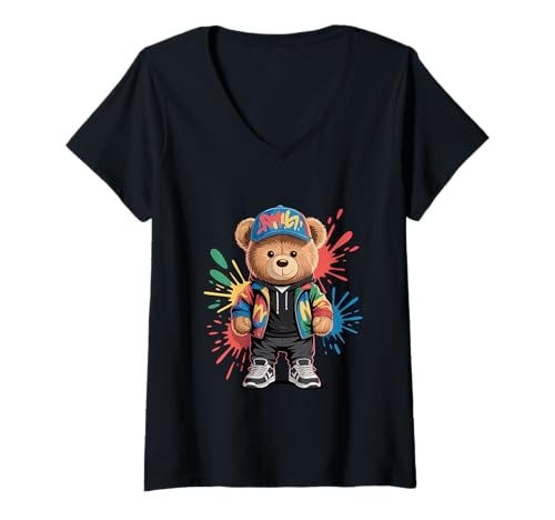 Damen süßer vintage Teddybär in tollen Splash Style Klamotten Kids T-Shirt mit V-Ausschnitt von coole Bären in farbigen Werktags Ouftits