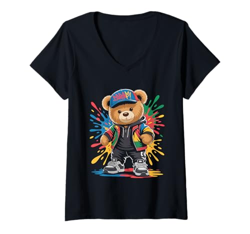 Damen süßer vintage Teddybär in tollen Splash Style Klamotten Kids T-Shirt mit V-Ausschnitt von coole Bären in farbigen Werktags Ouftits