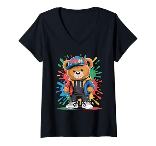 Damen süßer vintage Teddybär in tollen Splash Style Klamotten Kids T-Shirt mit V-Ausschnitt von coole Bären in farbigen Werktags Ouftits