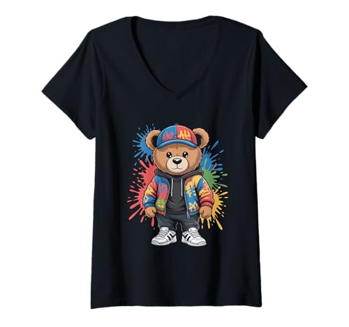 Damen süßer vintage Teddybär in tollen Splash Style Klamotten Kids T-Shirt mit V-Ausschnitt von coole Bären in farbigen Werktags Ouftits