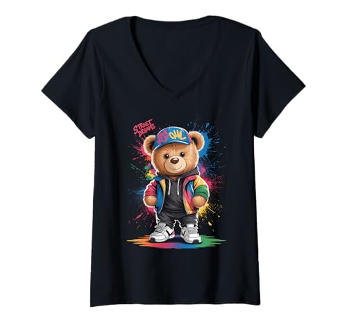 Damen süßer vintage Teddybär in tollen Splash Style Klamotten Kids T-Shirt mit V-Ausschnitt von coole Bären in farbigen Werktags Ouftits