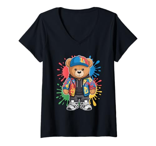 Damen süßer vintage Teddybär in tollen Splash Style Klamotten Kids T-Shirt mit V-Ausschnitt von coole Bären in farbigen Werktags Ouftits
