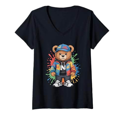 Damen süßer vintage Teddybär in tollen Splash Style Klamotten Kids T-Shirt mit V-Ausschnitt von coole Bären in farbigen Werktags Ouftits