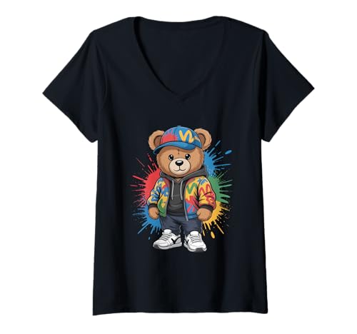 Damen süßer vintage Teddybär in tollen Splash Style Klamotten Kids T-Shirt mit V-Ausschnitt von coole Bären in farbigen Werktags Ouftits