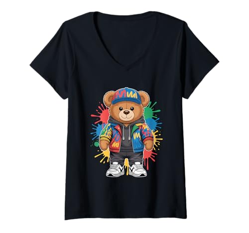 Damen süßer vintage Teddybär in tollen Splash Style Klamotten Kids T-Shirt mit V-Ausschnitt von coole Bären in farbigen Werktags Ouftits