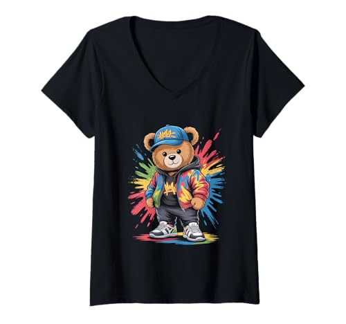 Damen süßer vintage Teddybär in tollen Splash Style Klamotten Kids T-Shirt mit V-Ausschnitt von coole Bären in farbigen Werktags Ouftits