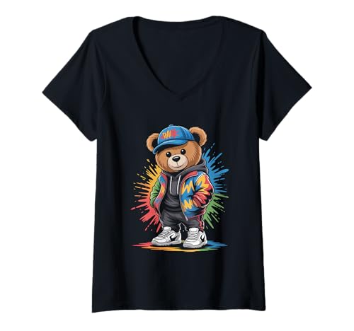 Damen süßer vintage Teddybär in tollen Splash Style Klamotten Kids T-Shirt mit V-Ausschnitt von coole Bären in farbigen Werktags Ouftits