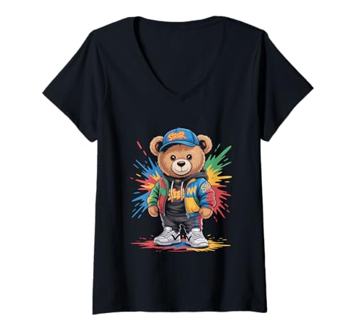 Damen süßer vintage Teddybär in tollen Splash Style Klamotten Kids T-Shirt mit V-Ausschnitt von coole Bären in farbigen Werktags Ouftits