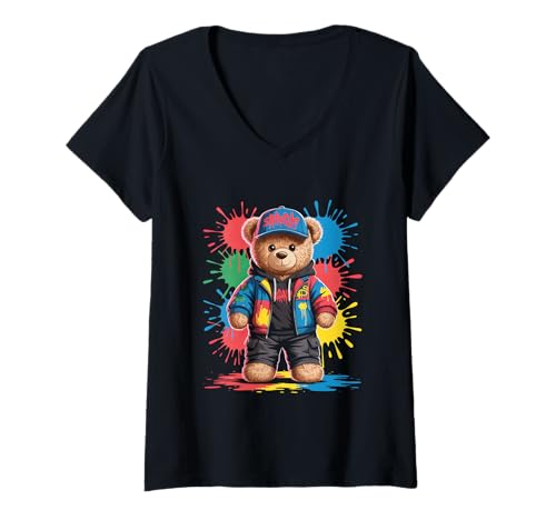 Damen süßer vintage Teddybär in tollen Splash Style Klamotten Kids T-Shirt mit V-Ausschnitt von coole Bären in farbigen Werktags Ouftits