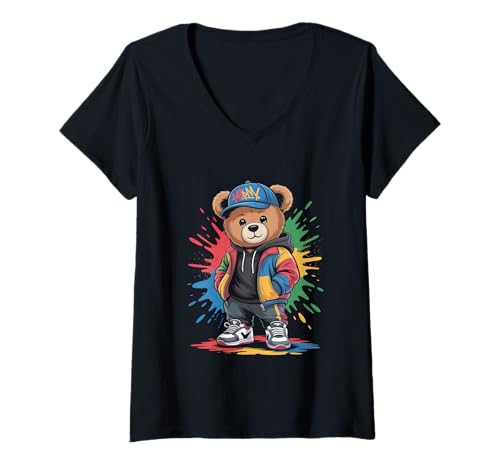 Damen süßer vintage Teddybär in tollen Splash Style Klamotten Kids T-Shirt mit V-Ausschnitt von coole Bären in farbigen Werktags Ouftits