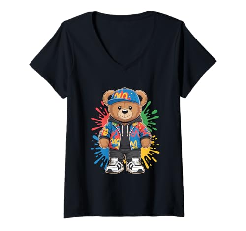 Damen süßer vintage Teddybär in tollen Splash Style Klamotten Kids T-Shirt mit V-Ausschnitt von coole Bären in farbigen Werktags Ouftits