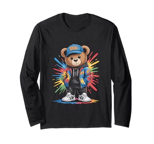 süßer vintage Teddybär in tollen Splash Style Klamotten Kids Langarmshirt von coole Bären in farbigen Werktags Ouftits