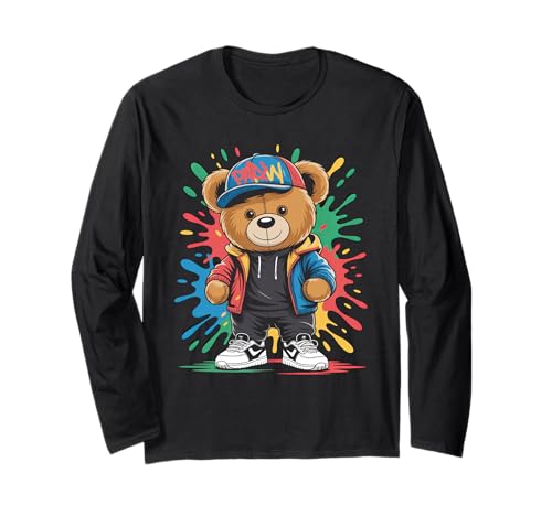 süßer vintage Teddybär in tollen Splash Style Klamotten Kids Langarmshirt von coole Bären in farbigen Werktags Ouftits