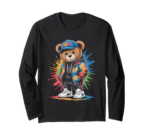 süßer vintage Teddybär in tollen Splash Style Klamotten Kids Langarmshirt von coole Bären in farbigen Werktags Ouftits