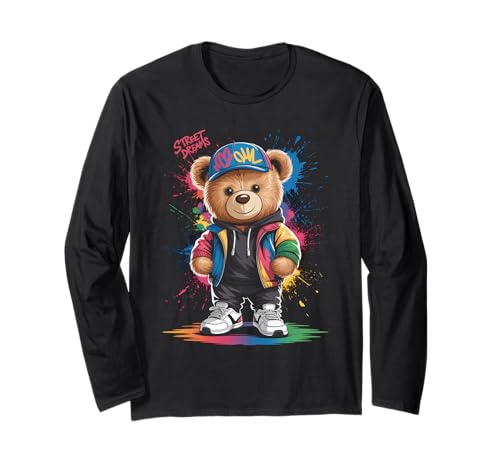 süßer vintage Teddybär in tollen Splash Style Klamotten Kids Langarmshirt von coole Bären in farbigen Werktags Ouftits