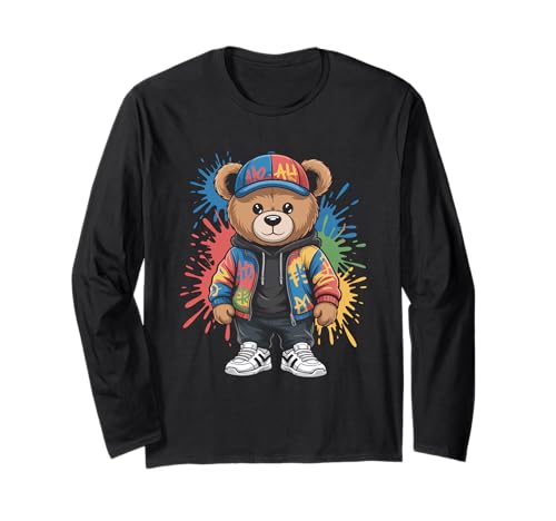 süßer vintage Teddybär in tollen Splash Style Klamotten Kids Langarmshirt von coole Bären in farbigen Werktags Ouftits