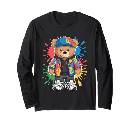 süßer vintage Teddybär in tollen Splash Style Klamotten Kids Langarmshirt von coole Bären in farbigen Werktags Ouftits