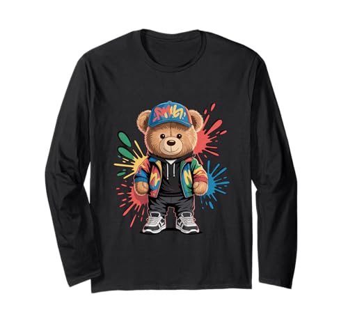 süßer vintage Teddybär in tollen Splash Style Klamotten Kids Langarmshirt von coole Bären in farbigen Werktags Ouftits