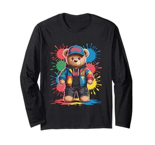 süßer vintage Teddybär in tollen Splash Style Klamotten Kids Langarmshirt von coole Bären in farbigen Werktags Ouftits